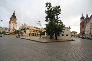 Cracovie : Rynek, Sukiennice, tour de l'hôtel de ville et Eglise Saint Adalbert